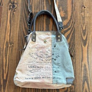 Canvas Two-Tone Tote Bag with Leather Trim - Beige / Tan